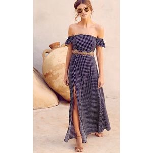 Navy Blue Polka Dot Off The Shoulder Maxi Dress